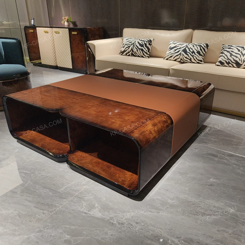 Luxury Rectangular Coffee Table Featuring Premium Wood Veneer with Central Leather Inlay Accent for Sophisticated Interiors